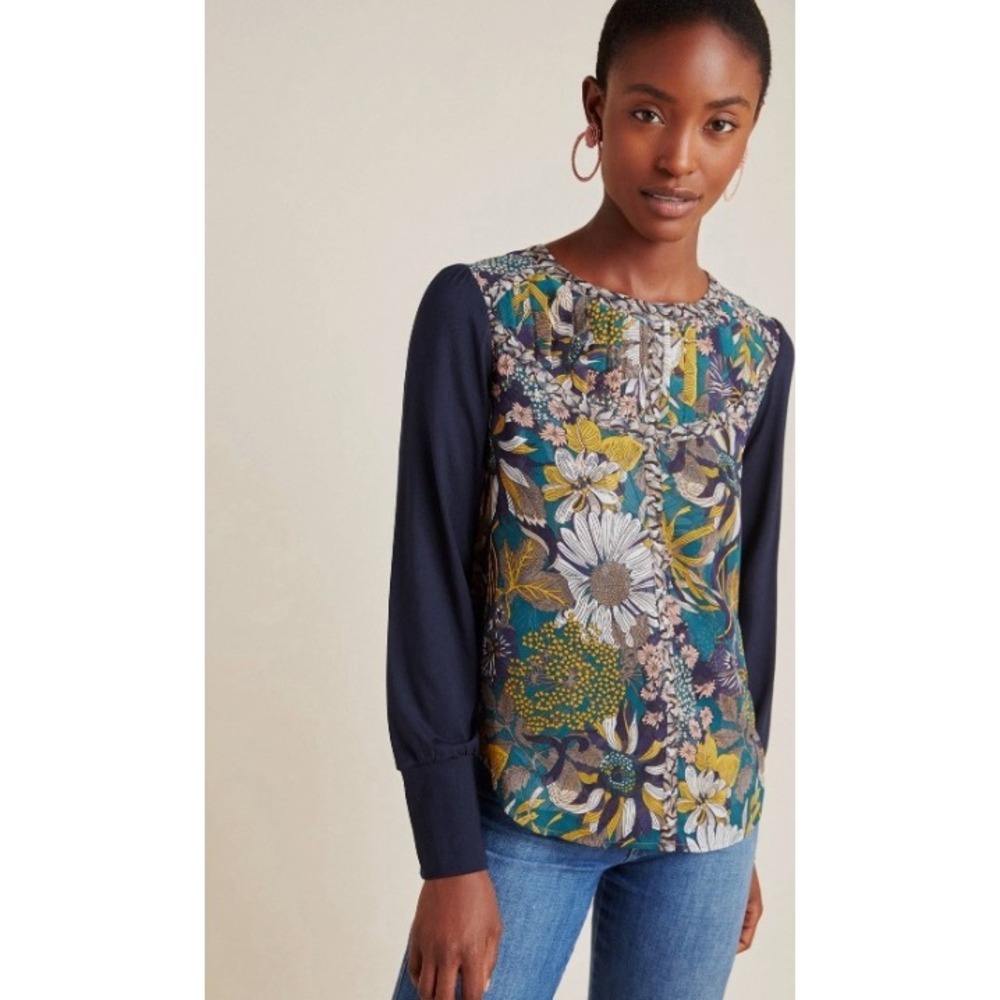 TINY Anthropologie Wesley Floral Print blouse - Navy Small Boho